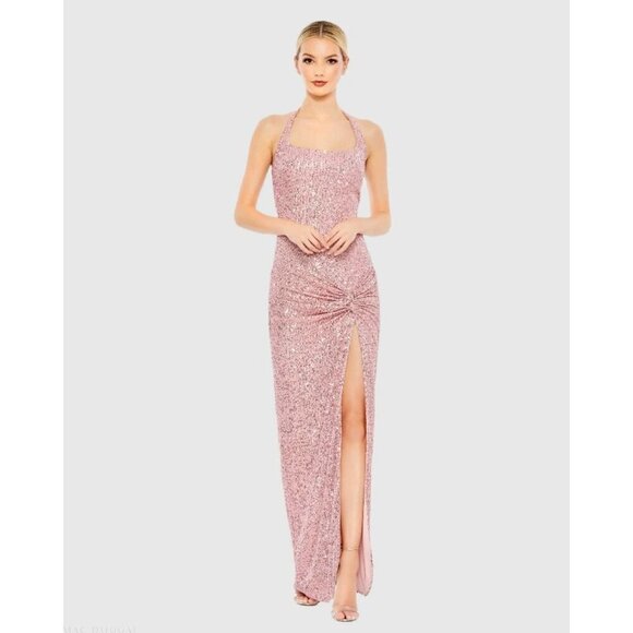 NWT Leena for Mac Duggal Pink Sequined Halter Strap Low Side Knot Gown Size 8 - Picture 1 of 16